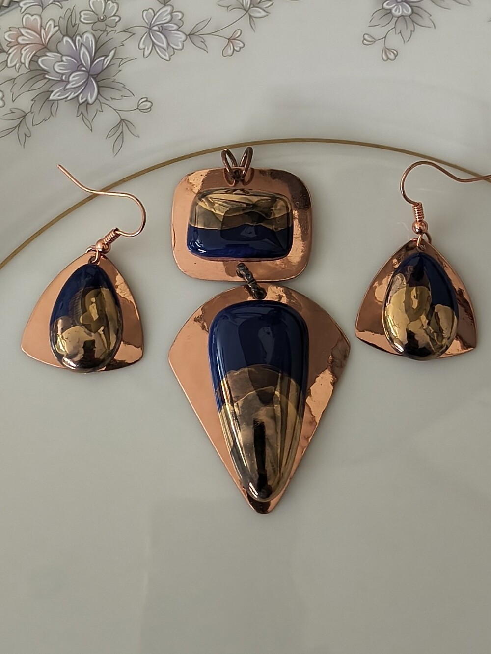 Artisan Handmade Copper & Blue Ceramic Swirl Earrings & Pendant Organic